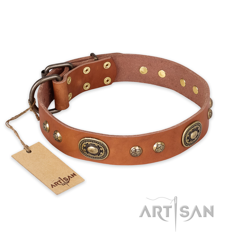 "Stunning Dress" FDT Artisan Tan Leather Great Dane Collar with Old Bronze Look Plates and Studs