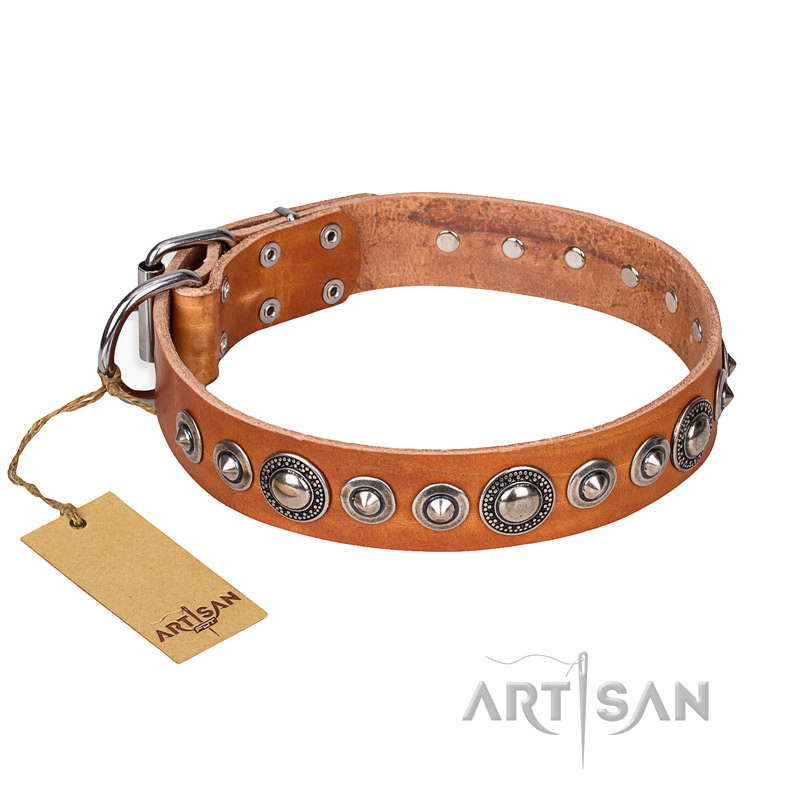 "Daily Chic" FDT Artisan Tan Leather Great Dane Collar with Decorations - Click Image to Close