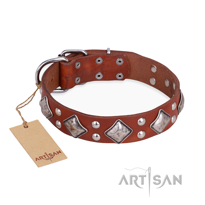 "Magic Squares" FDT Artisan Tan Leather Great Dane Collar with Silver-like Decor