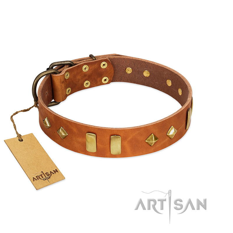 "Woofy Dawn" FDT Artisan Tan Leather Great Dane Collar with Plates and Rhombs - Click Image to Close