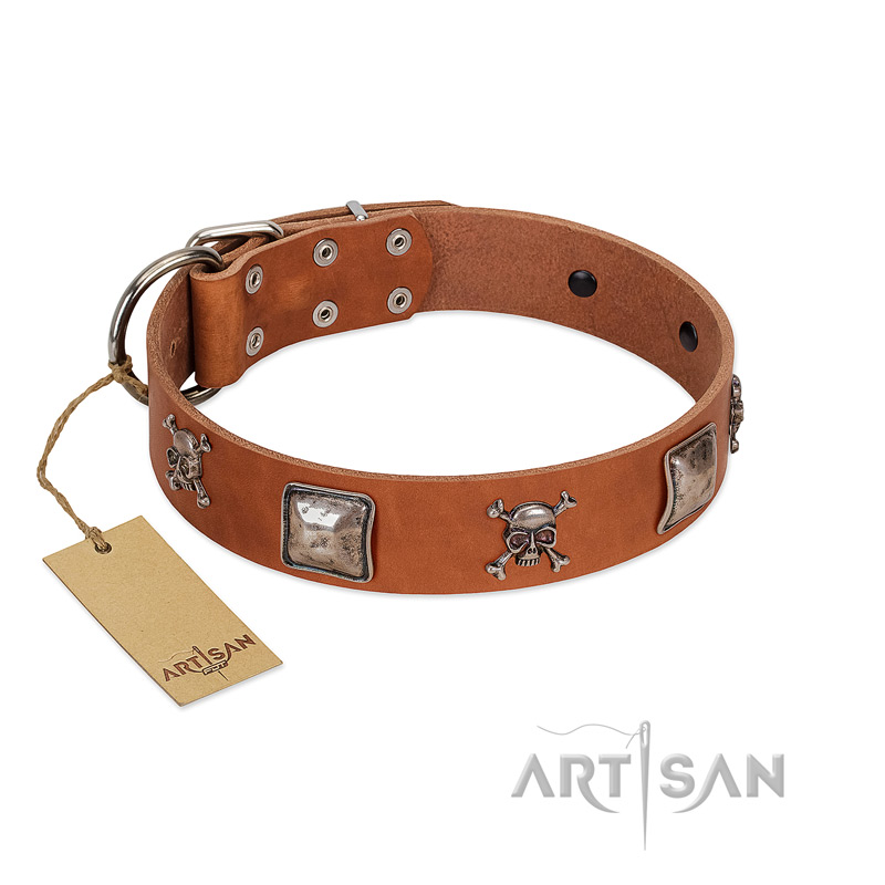 "Amorous Escapade" Embellished FDT Artisan Tan Leather Great Dane Collar with Chrome Plated Crossbones and Plates