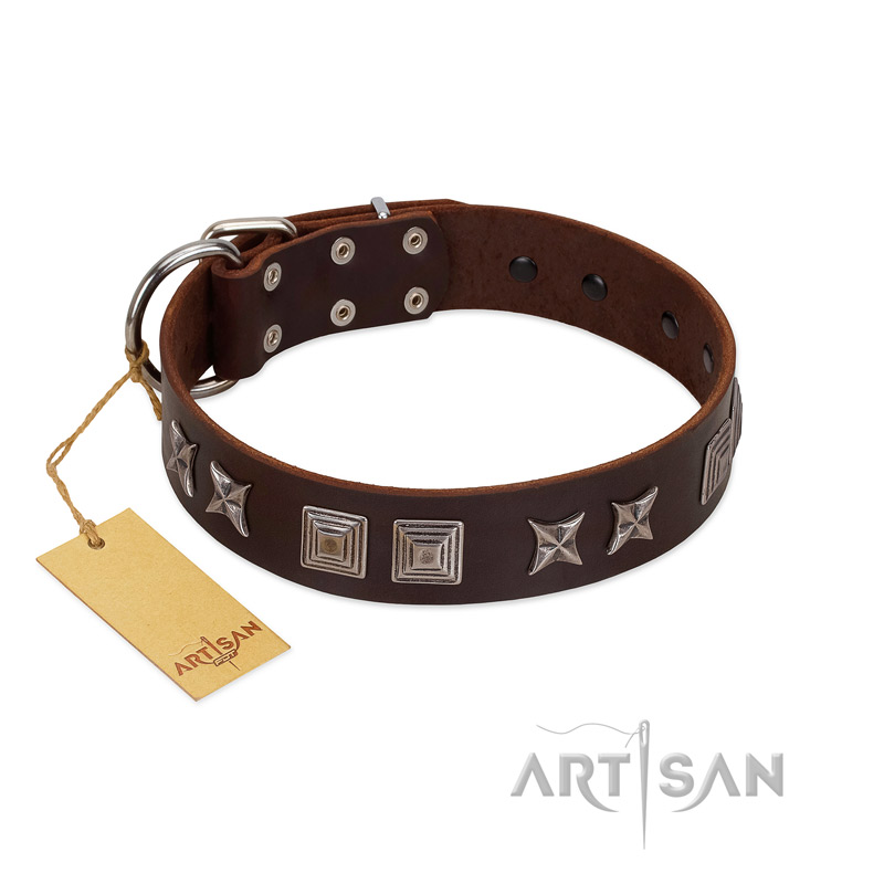 "Needle Stories" Modern FDT Artisan Brown Leather Great Dane Collar with Square Engraved Plates and Four-Point Stars