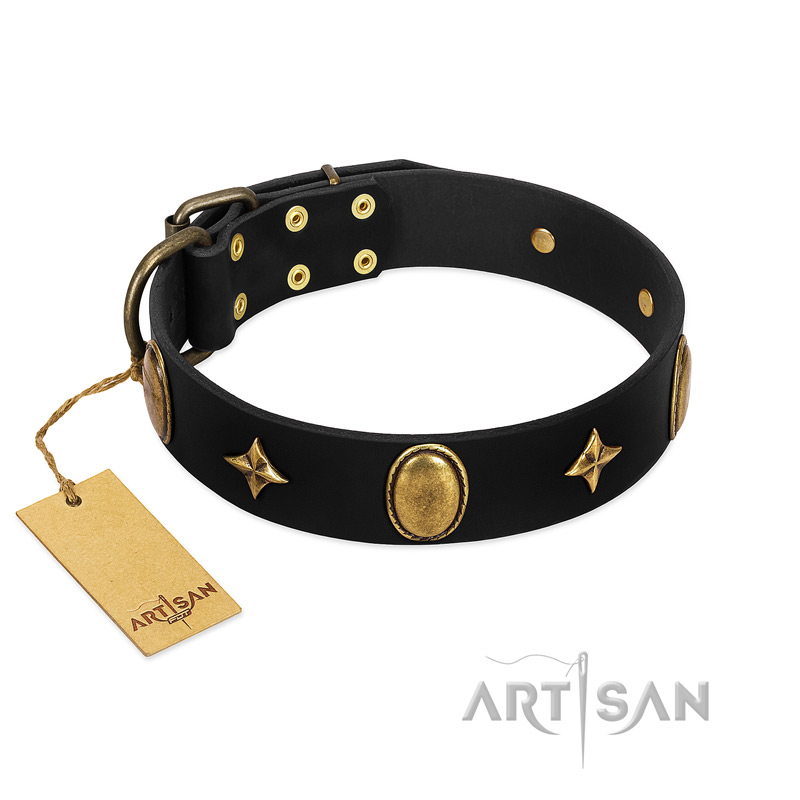 "Star Powder" FDT Artisan Black Leather Great Dane Collar with Ovals and Stars - 1 1/2 inch Wide