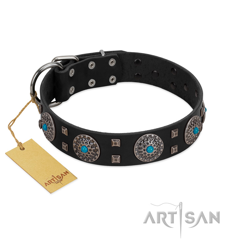 "Boundless Blue" FDT Artisan Black Leather Great Dane Collar with Chrome Plated Brooches and Square Studs - Click Image to Close
