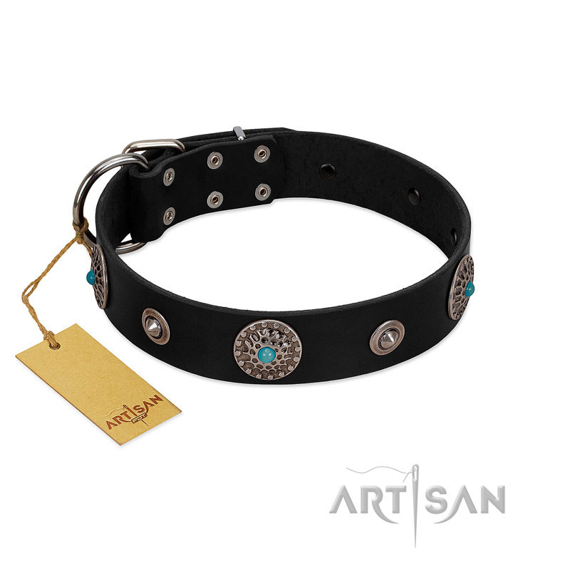 "Blue Gems" FDT Artisan Black Leather Great Dane Collar with Chrome Plated Studs and Conchos