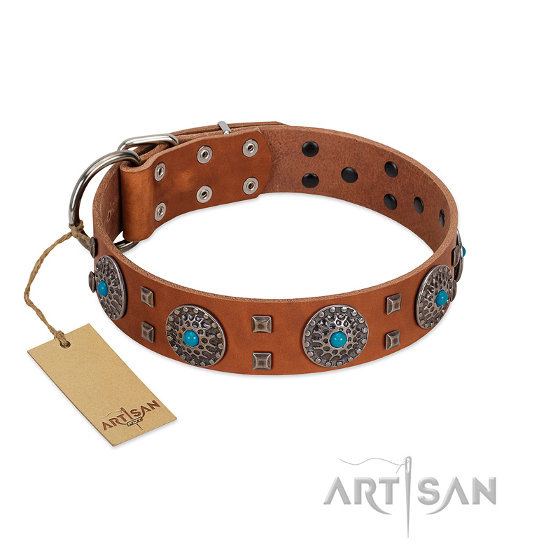 "Blue Sands" FDT Artisan Tan Leather Great Dane Collar with Silver-like Studs and Round Conchos with Stones