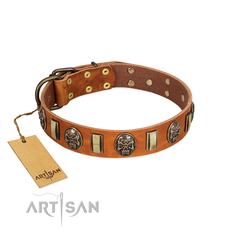 "Strike of Rock" FDT Artisan Tan Leather Great Dane Collar with Plates and Medallions with Skulls