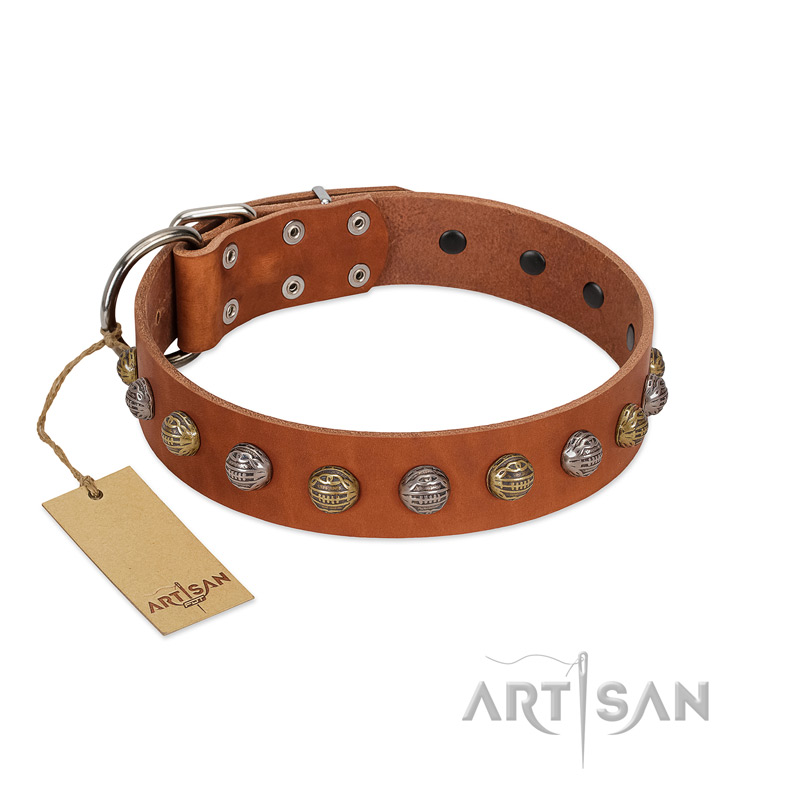 "Dogue-Vogue" FDT Artisan Tan Leather Great Dane Collar with Engraved Chrome-plated Studs