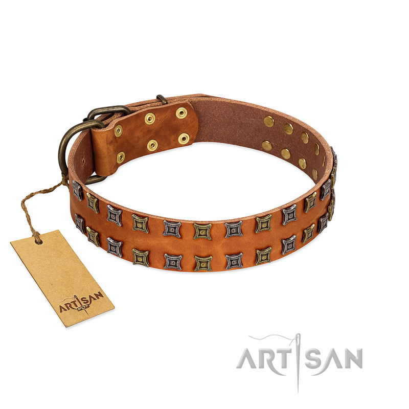 "Terra-cotta" FDT Artisan Tan Leather Great Dane Collar with Two Rows of Studs
