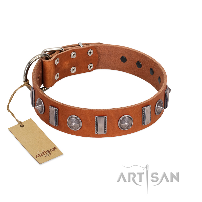 "Luxurious Necklace" FDT Artisan Tan Leather Great Dane Collar with Silver-Like Adornments