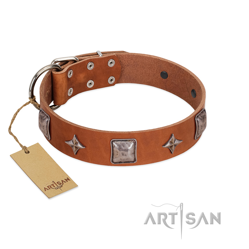 "Lucky Star" FDT Artisan Tan Leather Great Dane Collar with Silver-Like Embellishments - Click Image to Close