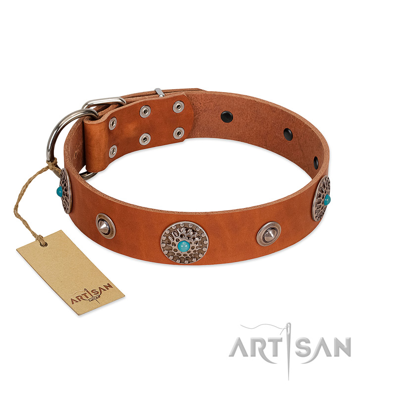 "Marine Antiques" Handmade FDT Artisan Tan Leather Great Dane Collar with Blue Stones