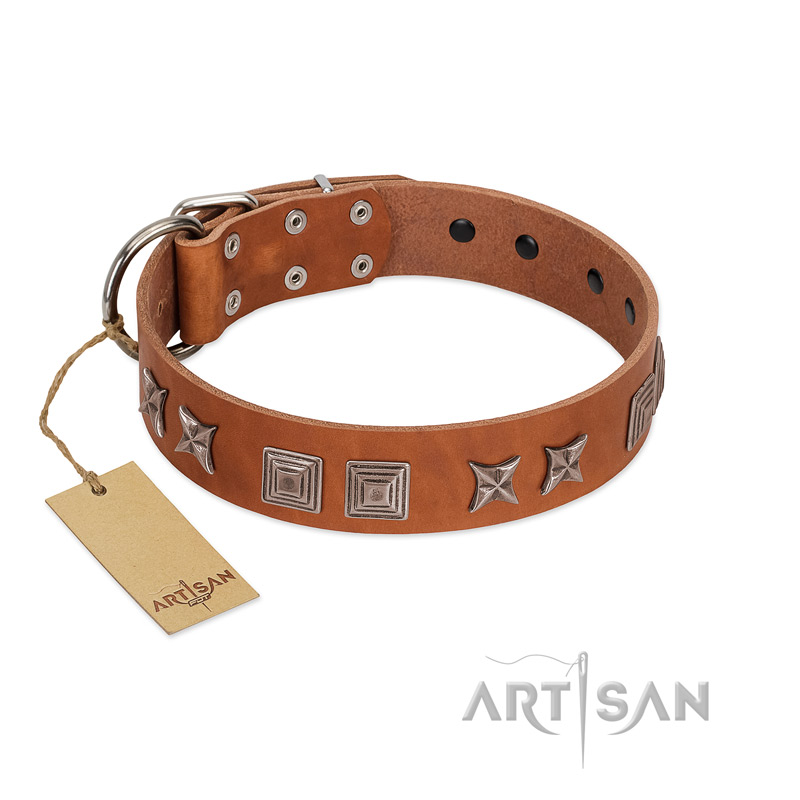 "Antique Figures" FDT Artisan Tan Leather Great Dane Collar with Silver-like Engraved Plates