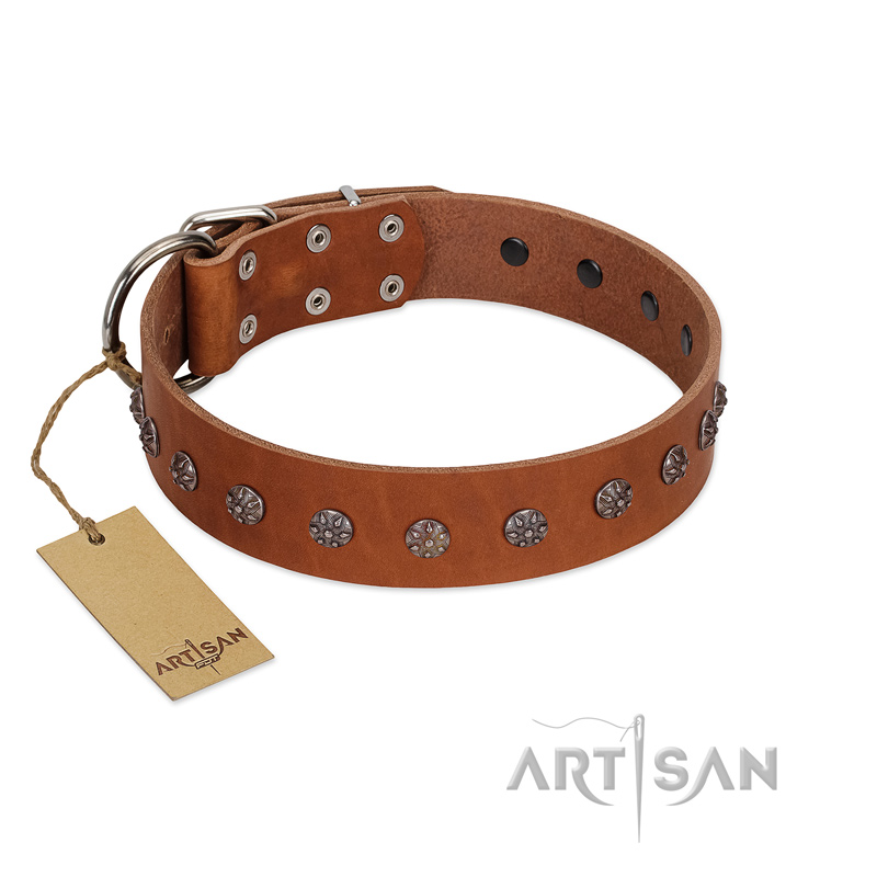 "Daintiness" Designer Handmade FDT Artisan Tan Leather Great Dane Collar with Silver-Like Adornments