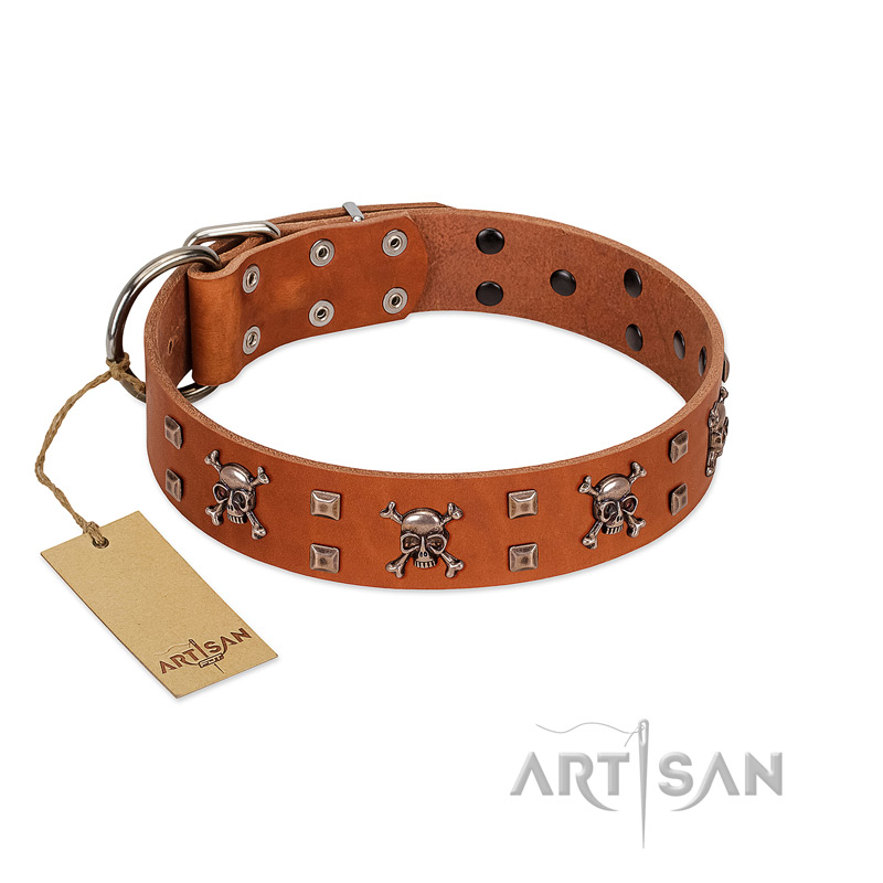 "Rebellious Nature" FDT Artisan Tan Leather Great Dane Collar Embellished with Crossbones and Square Studs