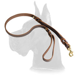 Strong riveted leather leash with short braids for Great Dane